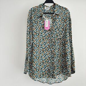 OMIKA Blouse Womens XL Floral Handmade Mod Boho Indian Print Button Up Shirt